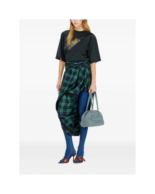 DIESEL Green Draped Tartan Midi Skirt With Lace-Trim