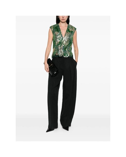 DE SANTIS Green Sequin Embellished V-Neck Top