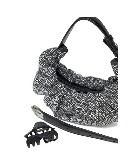 DIESEL Gray Small Grab-D Embellished Scrunched Shoulder Bag
