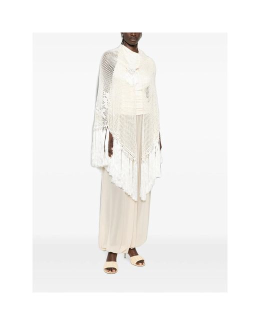 Chiara Is White Scialle Rosa Crochet Fringed Poncho