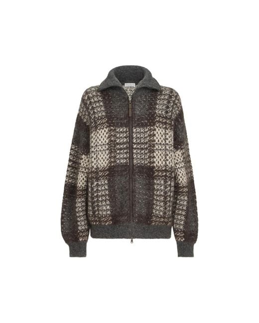 Brunello Cucinelli Black Dazzling Tartan Double Knit Outerwear Jacket