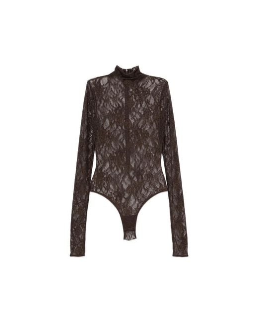 ANDAMANE Brown Ziggy Lace-Pattern High-Neck Bodysuit