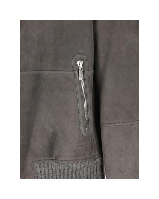 Brunello Cucinelli Gray Shearling-Trim Ribbed Jacket for men