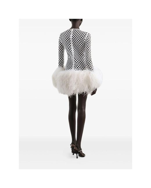 Dolce & Gabbana White Mesh Feather-Trim Mini Dress