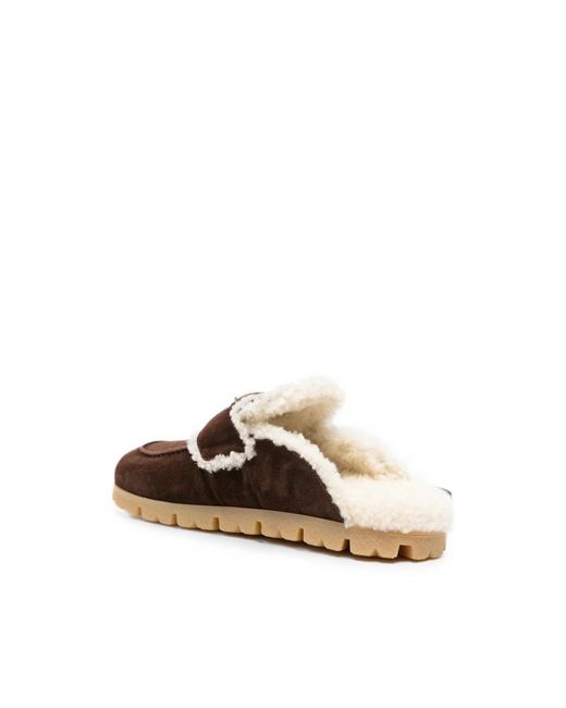 Prada Brown Shearling-Trim Logo-Plaque Suede Mules