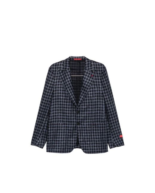 Isaia Blue Gingham-Check Notched-Lapel Blazer for men