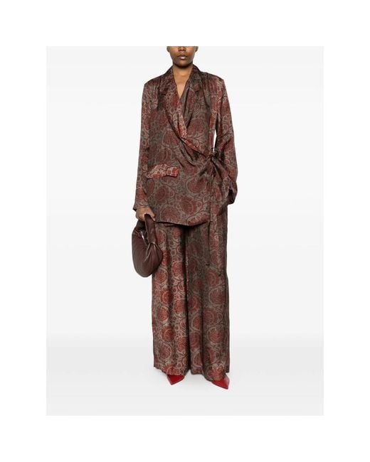 Uma Wang Brown Floral-Print Tie-Fastening Blazer