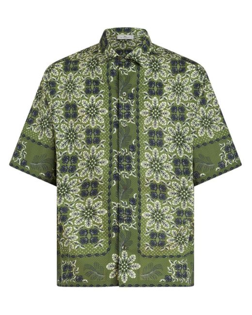Etro Green Floral-Print Cotton Shirt for men
