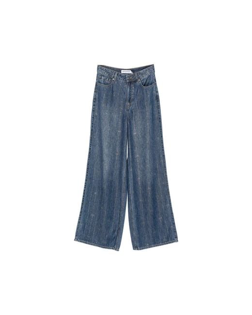 Self-Portrait Blue Rhinestone-Embellished Wide-Leg Jeans