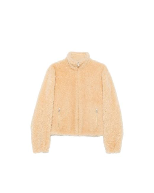Miu Miu Natural Montone Fleece-Texture High-Neck Jacket