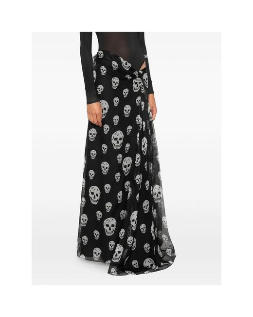 McQueen Black Skull-Print Draped Maxi Skirt