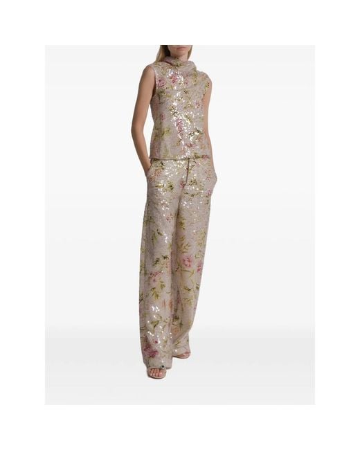 Alberta Ferretti Natural Sequin Floral Trousers