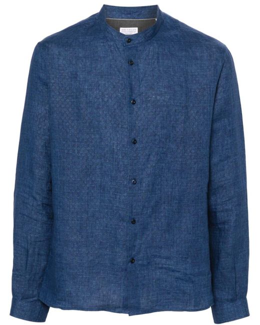 Brunello Cucinelli Blue Patterned-jacquard Linen Shirt for men