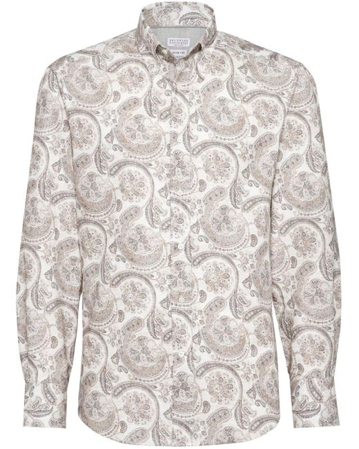 Brunello Cucinelli White Paisley-Print Cotton Shirt for men