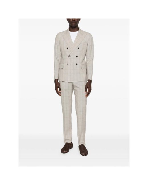 Reveres 1949 Natural Double-Breasted Patterned Suit for men