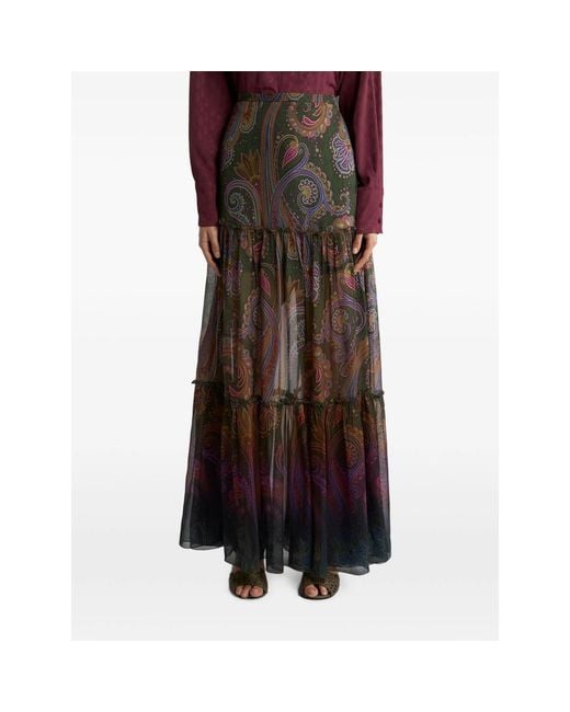 Etro Brown Silk Maxi Skirt With Placed Paisley Print