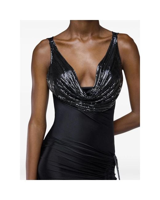 Rabanne Black Mesh-Panel Cowl-Neck Maxi Dress