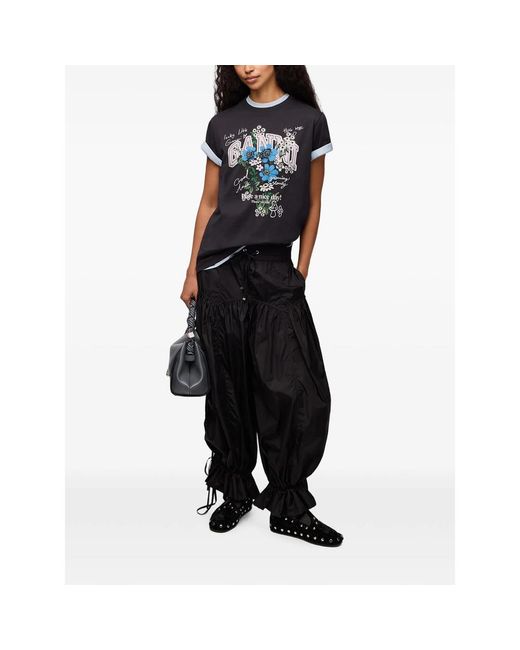 Ganni Black T-Shirt With Flowers
