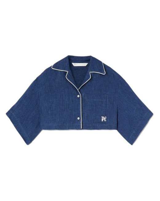 Palm Angels Blue Monogram-embroidered Satin Cropped Shirt