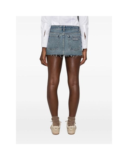 Miu Miu Blue Logo-Patch Frayed-Hem Mini Denim Skirt