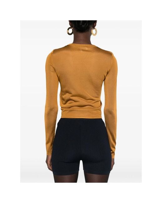 Saint Laurent Brown Logo-Plaque Long-Sleeves T-Shirt