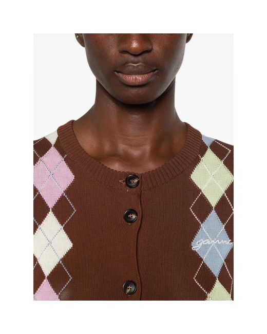 Ganni Brown Argyle-Pattern Button-Up Cardigan