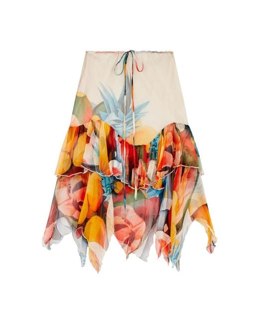 Donde Esteban Orange Ruffled Chiffon Silk Midi Skirt