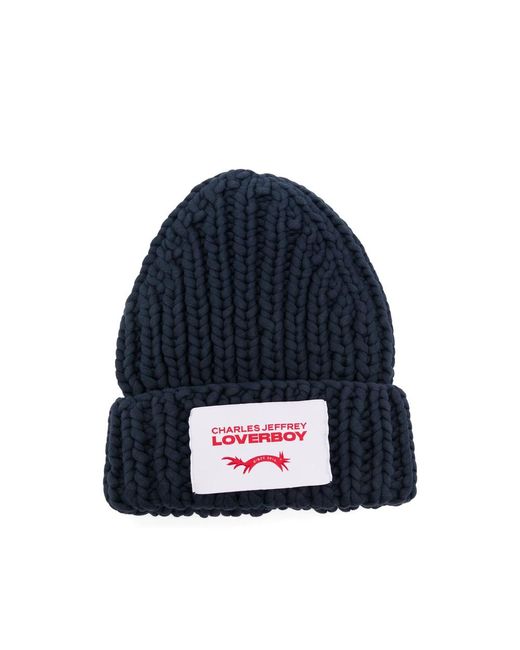 Charles Jeffrey Blue Chubby Logo-Patch Beanie Hat for men