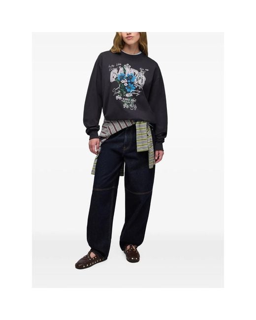 Ganni Blue Floral-Print Long-Sleeve T-Shirt