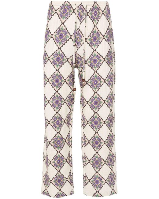Siedres White Geometric-Print Cotton Trousers for men