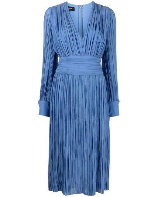 Rochas Blue Plissé-Detail Midi Dress
