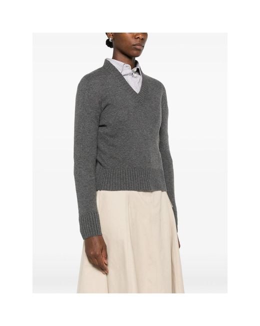 Aragona Gray V-Neck Ribbed-Trim Sweater