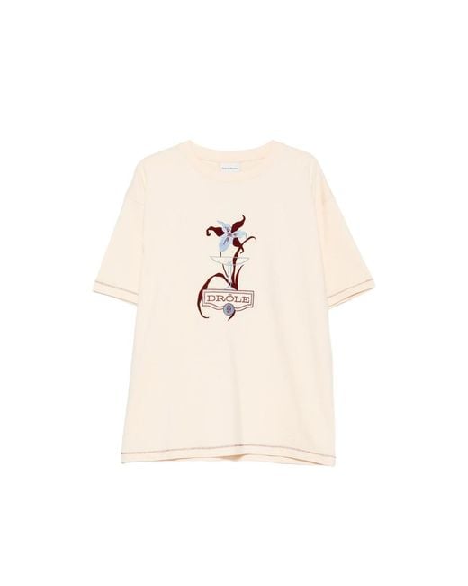 Drole de Monsieur White Embroidered-Graphic T-Shirt for men