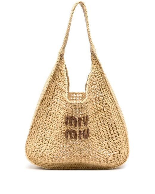 Miu Miu Natural Logo-Appliquéd Raffia Tote Bag