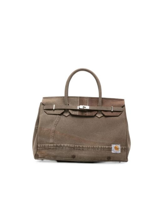 ANOTHER CHANCE Gray Panelled Logo-Patch Tote Bag for men
