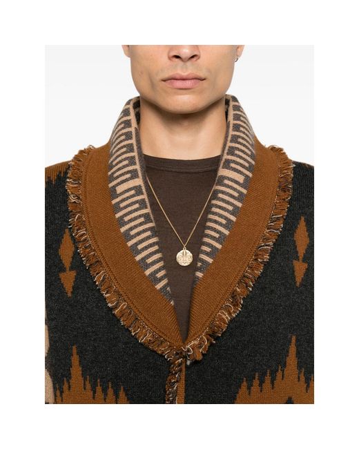 Alanui Brown Jacquard-Knit Fringed Cardigan for men