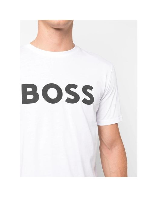 Boss White Logo-Print Cotton T-Shirt for men
