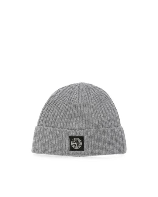 Stone Island Gray Logo-Patch Ribbed-Knit Beanie Hat for men