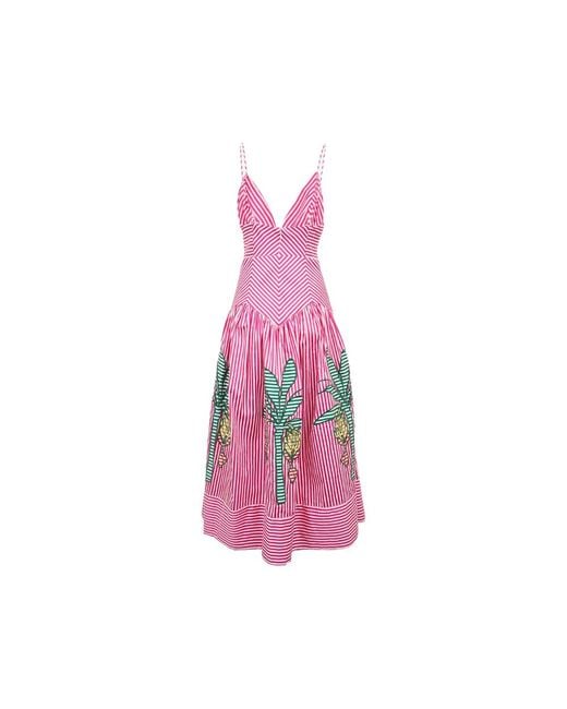 Farm Rio Pink Palm Tree-Embroidered Striped Midi Dress