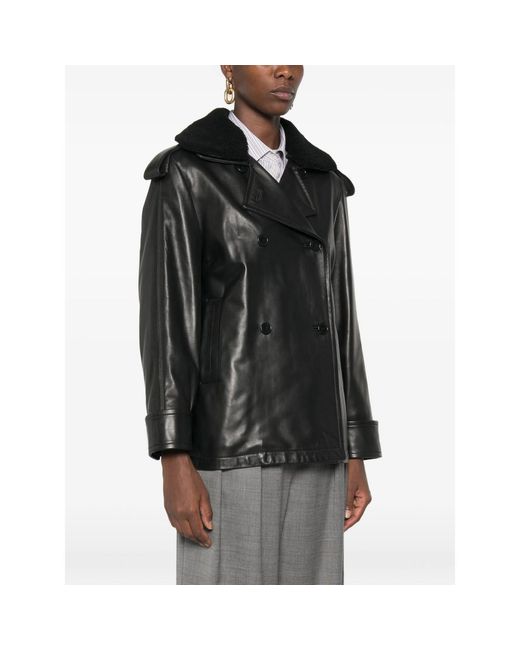 SANTORO Black Shearling-Collar Double-Breasted Jacket