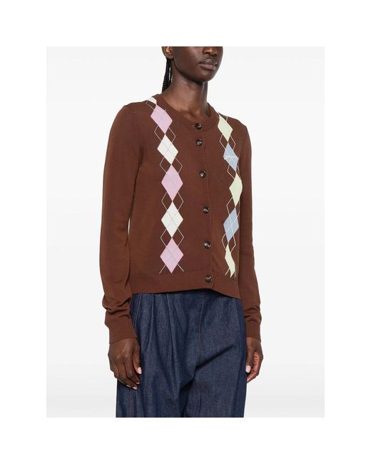Ganni Brown Argyle-Pattern Button-Up Cardigan
