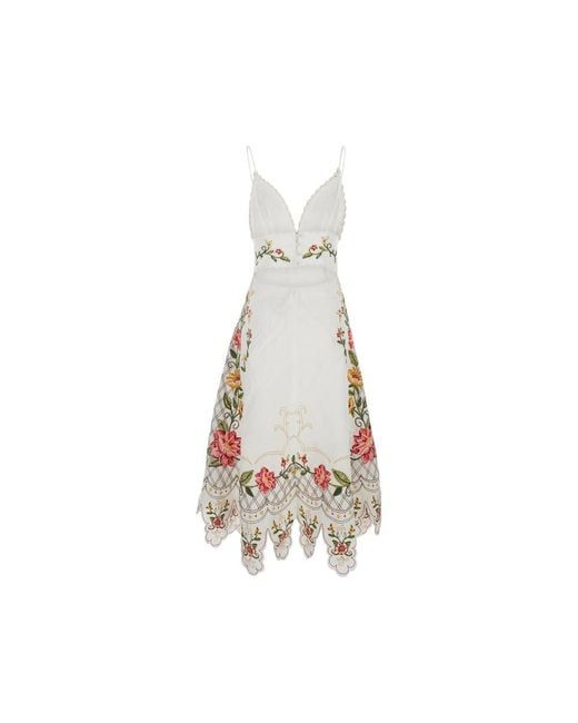 Farm Rio White Floral-Embroidered Scalloped Dress