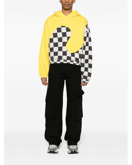 ERL Yellow Check-Pattern Panelled Cotton Hoodie