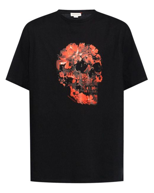 Alexander McQueen Black Wax Flower Skull Cotton T-Shirt for men