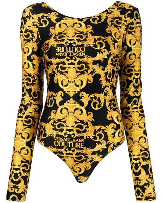 Versace Jeans Black Logo Baroque-print Open-back Bodysuit