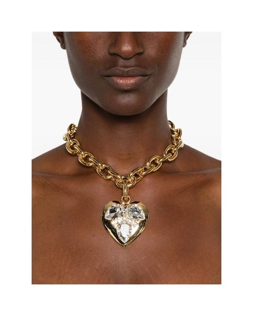 Alessandra Rich Metallic Crystal-Embellished Heart-Pendant Necklace