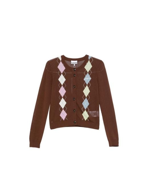 Ganni Brown Argyle-Pattern Button-Up Cardigan