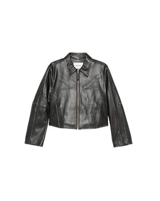 Low Classic Gray Zip-Front Cropped Leather Jacket