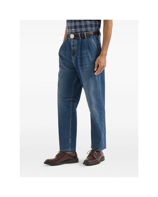 Brunello Cucinelli Blue Comfort Cotton Denim Iconic-Fit Five-Pocket Trousers With Double Pleats for men