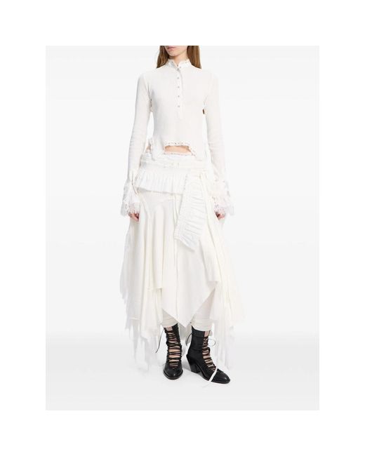 Ann Demeulemeester White Lace-Trim Ribbed Top